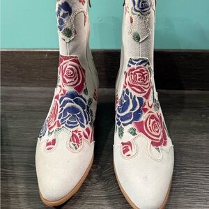 Floral Print White Suede Ankle Boots